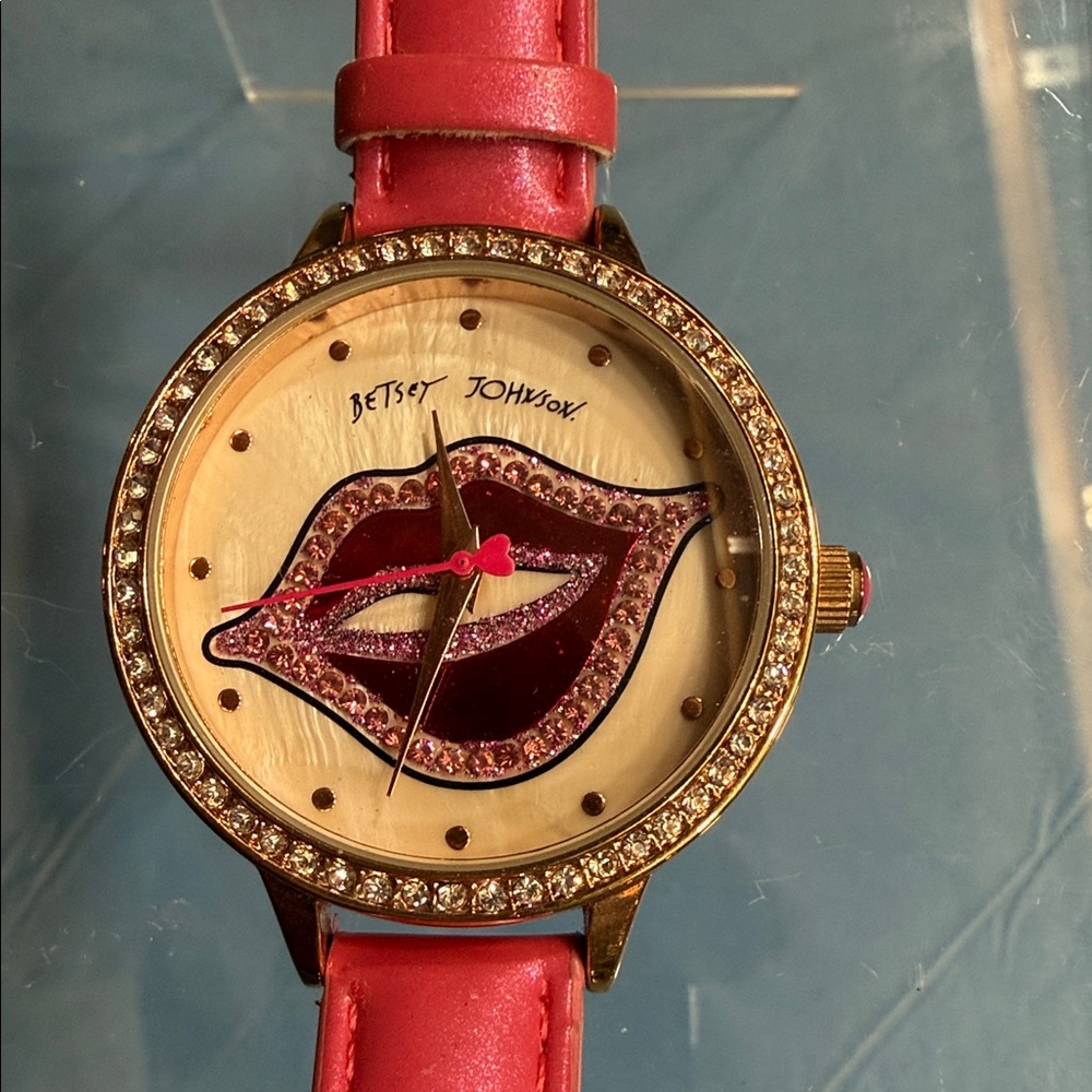 Betsey Johnson Vibrant Pink Watch with Lip Motif